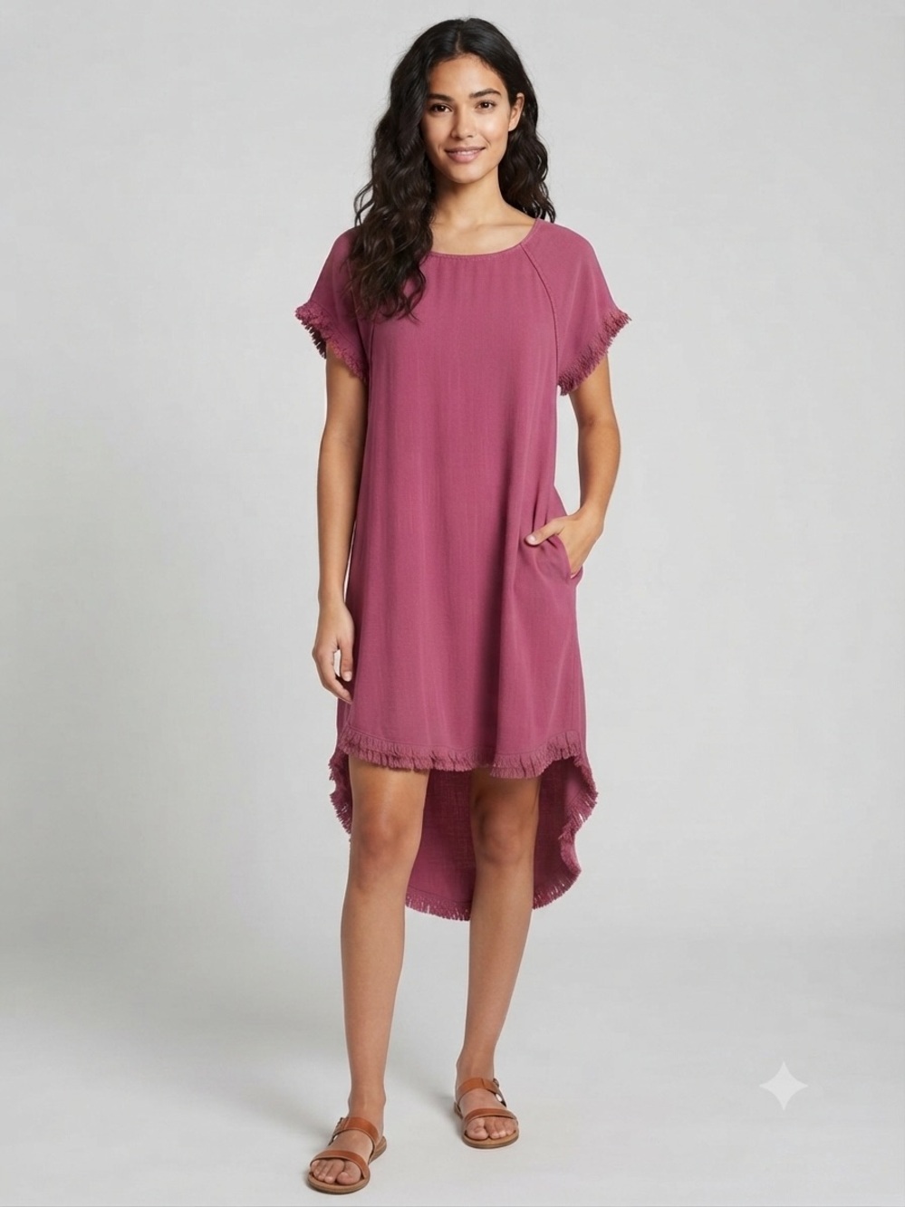Umgee Mauve Pink High-Low Fringed Sleeve Dress
